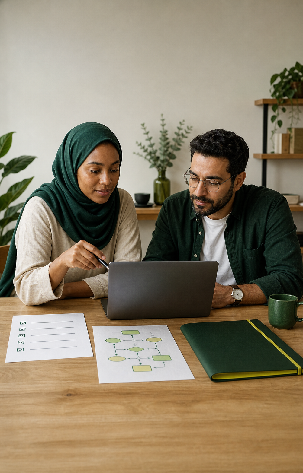 Two collaborators reviewing a focused prototype, checklist, workflow sketch, and finished handoff